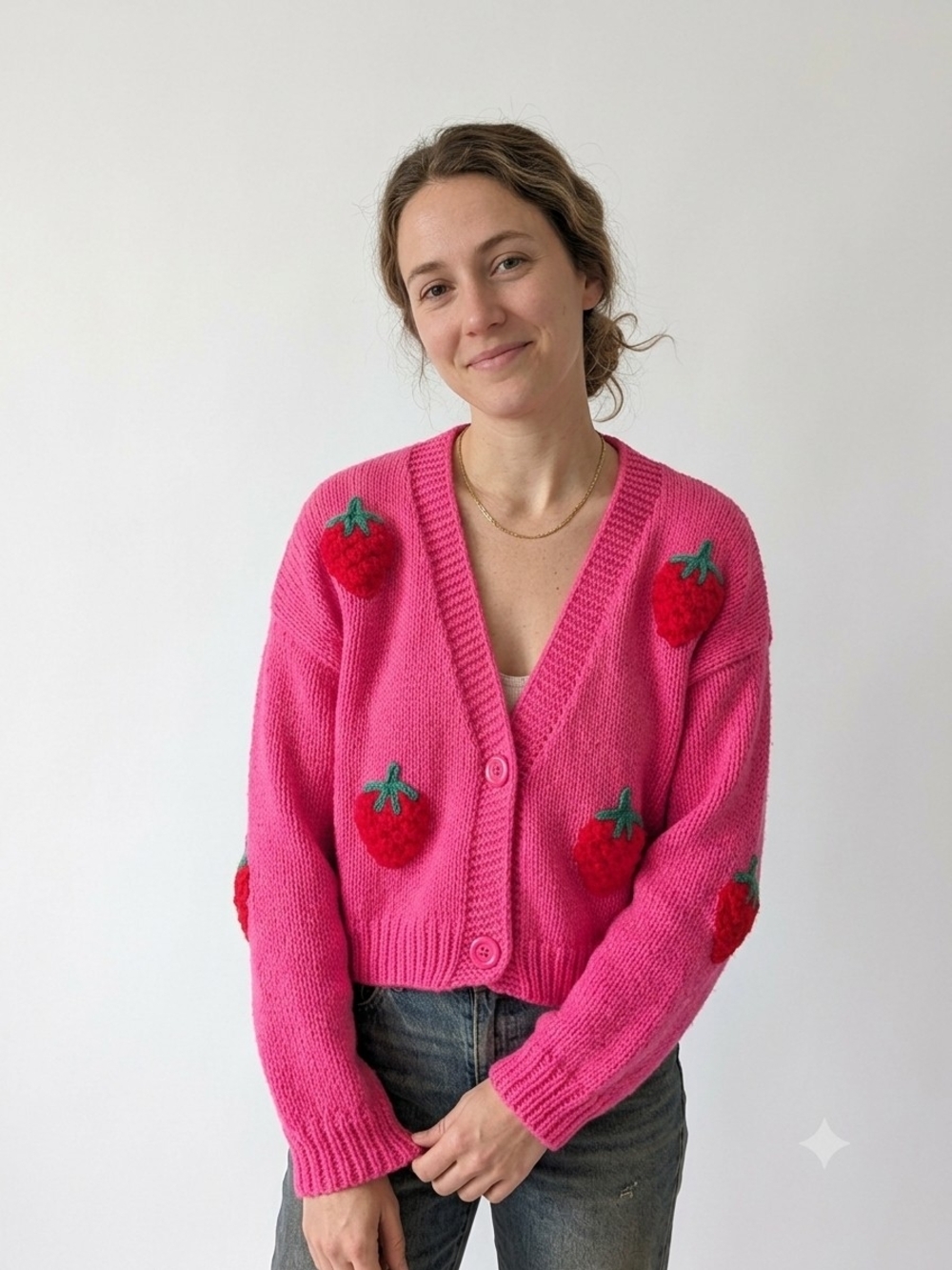 Dreamers Women’s Pink Strawberry Knit Cardigan Sweater Whimsical